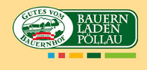 Das Logo für 'Gutes vom Bauern Laden Pollau' auf gelbem Hintergrund. Das Logo enthält einen weißen Kreis mit einer Bauernhof- und Bergillustration. Der Text 'BAUERNLADEN POLLAU' ist in fetten, großgeschriebenen Buchstaben.