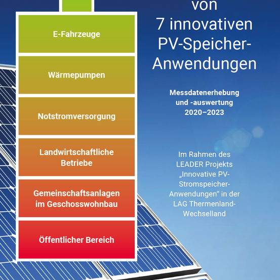 Infografik mit 7 innovativen PV-Speicher-Anwendungen. Kategorien umfassen E-Fahrzeuge, Wärmepumpen, Notstromversorgung, landwirtschaftliche Betriebe, Gemeinschaftsanlagen und öffentliche Bereiche. Das Bild zeigt Solarmodule und einen blauen Himmel im Hintergrund.