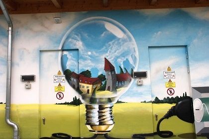 Ein Wandbild zeigt eine Glühbirne mit einem kleinen Dorf im Inneren, das sich im Glas widerspiegelt. Die Glühbirne ist an eine Ladestation angeschlossen. Zwei Türen mit Schildern und Rohren sind ebenfalls vorhanden.
