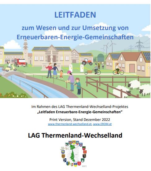 Ein Werbeplakat für erneuerbare Energiegemeinschaften, unterstützt vom Bundesministerium, Land und Europäischer Union. Es zeigt das Konzept und die Umsetzung von erneuerbaren Energiegemeinschaften, illustriert mit einer Karikatur von Häusern, Solarpanelen und Windrädern.