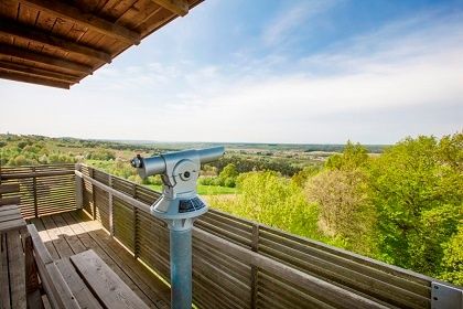 Eine Holzterrasse mit einem Teleskop mit Blick auf eine üppige grüne Landschaft mit Bäumen und einem klaren blauen Himmel.