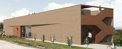 Eine künstlerische Darstellung eines modernen Gebäudes mit braunen Wänden und einer Treppe. Menschen stehen darum herum und es gibt Pflanzen an den Seiten.