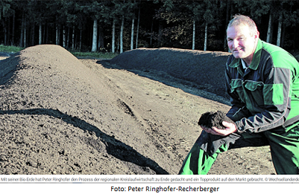 Ein Mann in grüner und schwarzer Arbeitskleidung kniet auf einem Erdhügel und hält einen Klumpen Erde in der Hand. Er lächelt, und der Hintergrund zeigt einen Wald mit einem Erdweg.