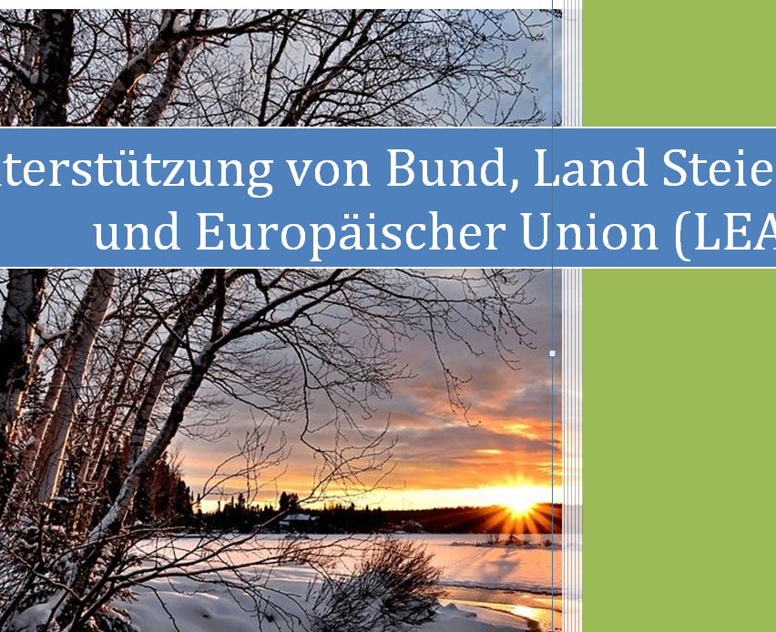 Eine Winterlandschaft mit kahlen Bäumen und einer untergehenden Sonne über einem verschneiten Feld. Der blaue Textüberlagerung lautet 'Unterstützung von Bund, Land und Europäischer Union (EU)'.