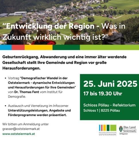 Am 25. Juni 2025 findet von 17 bis 19.30 Uhr im Schloss Pölla in Österreich eine Veranstaltung zur regionalen Entwicklung statt. Dr. Thomas Fent wird über demografische Veränderungen und deren Auswirkungen auf Gemeinden sprechen. Die Anmeldung erfolgt unter grosser@oststeiermark.at.