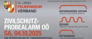 Zivilschutzsireneprobe in Österreich. Geplant für den 4. Oktober 2025 um 12:00 Uhr. Feuerwehransatz in 3 Minuten. Gefahrensignal eingeschaltet für 1 Minute. Benachrichtigung der Zivilschutzwarnzentrale.