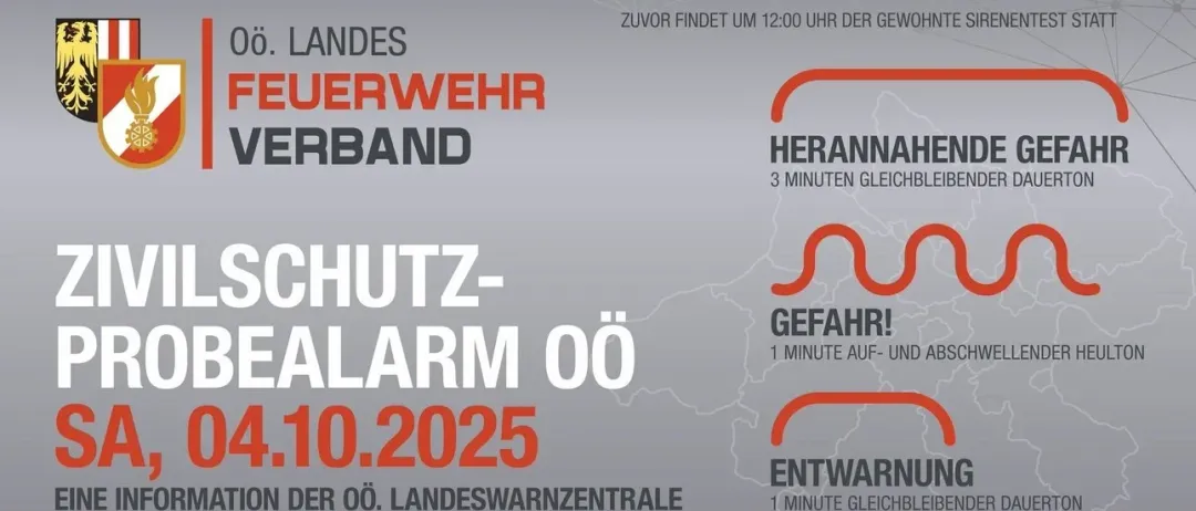 Zivilschutzsireneprobe in Österreich. Geplant für den 4. Oktober 2025 um 12:00 Uhr. Feuerwehransatz in 3 Minuten. Gefahrensignal eingeschaltet für 1 Minute. Benachrichtigung der Zivilschutzwarnzentrale.