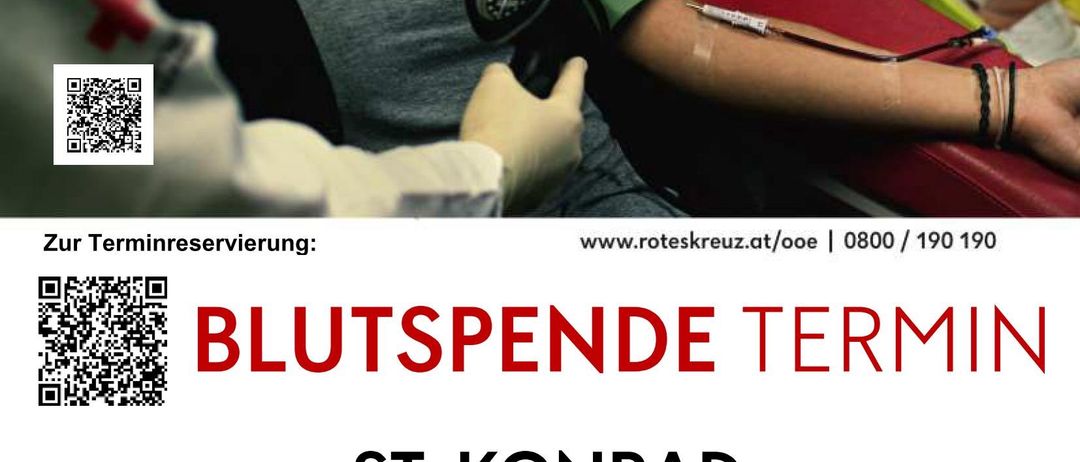 Ein Plakat zeigt eine Blutspendeveranstaltung, die Menschen einlädt, am 29. Dezember 2025 von 15:30 bis 20:30 Uhr an der Volksschule Blut zu spenden. Das Plakat enthält einen QR-Code zur Anmeldung.