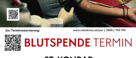 Ein Plakat zeigt eine Blutspendeveranstaltung, die Menschen einlädt, am 29. Dezember 2025 von 15:30 bis 20:30 Uhr an der Volksschule Blut zu spenden. Das Plakat enthält einen QR-Code zur Anmeldung.