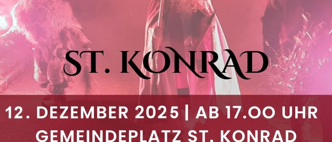 Ein Plakat für St. Konrad am 12. Dezember 2025 mit Krampus und St. Nikolaus, einschließlich Veranstaltungsdetails.