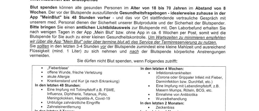 Ein Blutspendeflyer für St. Konrad. Der Blutspendedienst ist am Donnerstag, 16. Juli 2026, von 15:30 bis 20:30 in der Volksschule geplant. Kontaktinformationen sind auf dem Flyer angegeben.