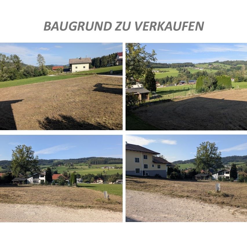 Vier Bilder eines Baugrundstücks zum Verkauf. Das erste Bild zeigt ein großes Feld mit einem Haus im Hintergrund. Das zweite Bild zeigt ein Haus und ein grünes Feld. Das dritte Bild zeigt eine weitere Ansicht des Hauses mit einem grünen Feld und einer Bergkette. Das vierte Bild zeigt ein Grundstück mit einem Haus und einem grünen Feld.