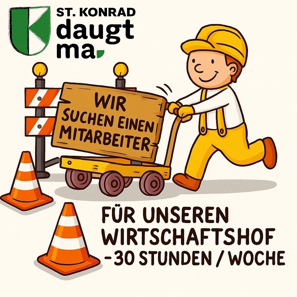 Eine Illustration zeigt einen Cartoon-Arbeiter, der einen Wagen mit einem Schild schiebt, auf dem steht 'Wir suchen einen Mitarbeiter' und '30 Stunden/Woche' erwähnt.