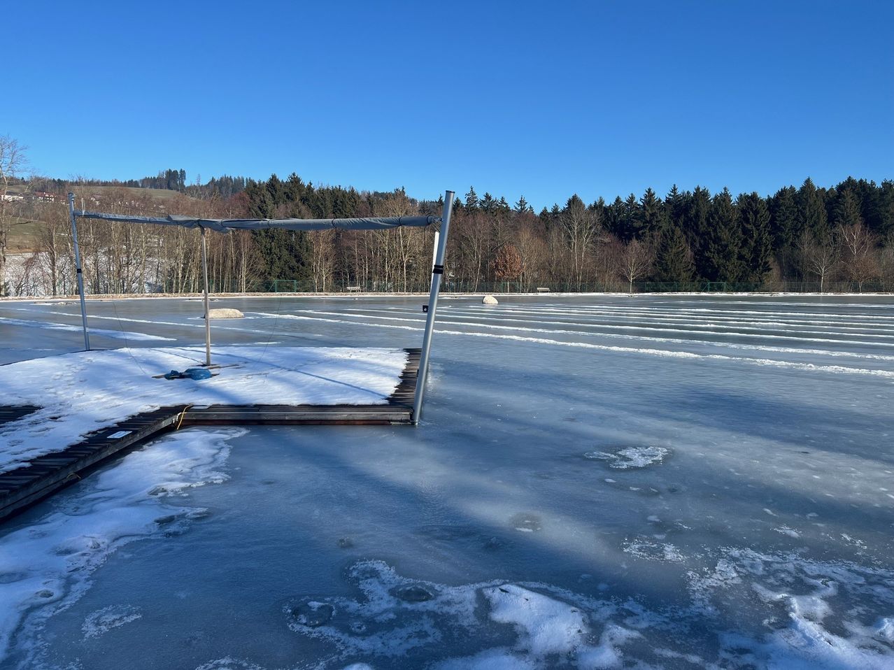 Ein zugefrorener See mit einem Steg, der hineinragt, umgeben von einem Wald unter einem klaren blauen Himmel.