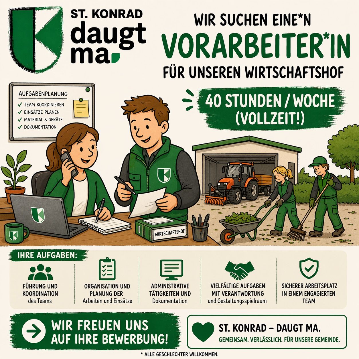 Stellenausschreibung für eine*n Vorarbeiter*in im Wirtschaftshof von St. Konrad. Aufgaben umfassen Teamkoordination, Planung, Materialverwaltung und Dokumentation. 40 Stunden/Woche, Vollzeit. Aufgaben beinhalten administrative Tätigkeiten, Teamführung und die Sicherstellung eines sicheren Arbeitsplatzes. Jetzt bewerben!