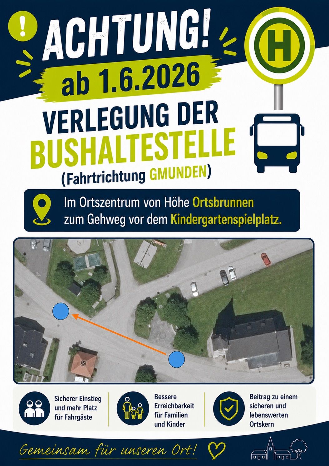 Ein Plakat zeigt die Verlegung einer Bushaltestelle ab 1. Juni 2026 in Gmunden, mit Karte und markierter Position.