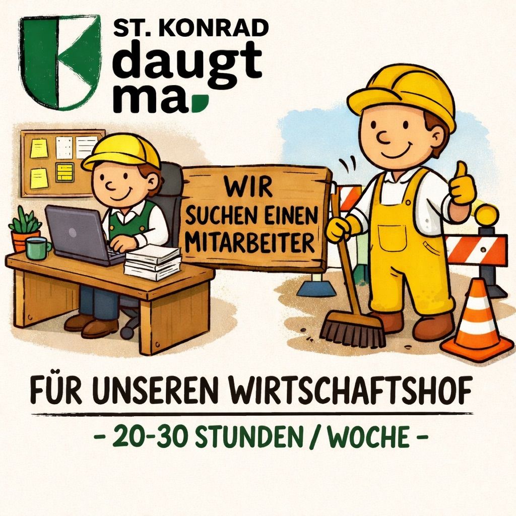 Eine Illustration zeigt zwei Arbeiter. Einer sitzt an einem Schreibtisch mit Laptop, der andere hält ein Schild mit der Aufschrift 'Wir suchen einen Mitarbeiter'. Darunter steht ein Schild mit der Aufschrift 'Für unser Geschäft - 20-30 Stunden/Woche'.