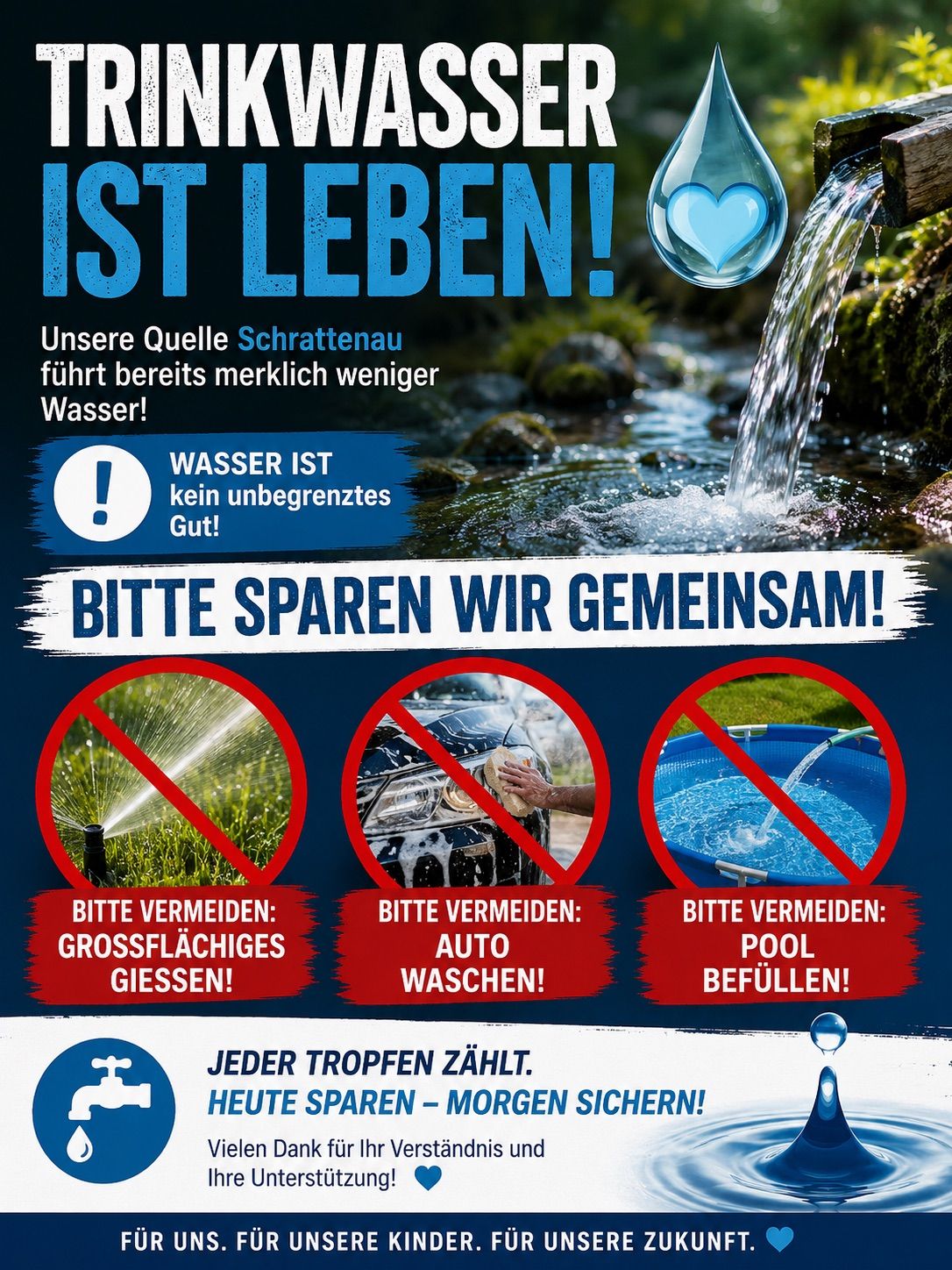 Plakat mit blauem Wassertropfen und Herzsymbol, das zur Wassereinsparung aufruft. Es betont die Bedeutung des Wassersparens und listet Aktivitäten auf, die vermieden werden sollten, wie Rasen gießen, Auto waschen und Pools füllen. Der Text ist auf Deutsch.