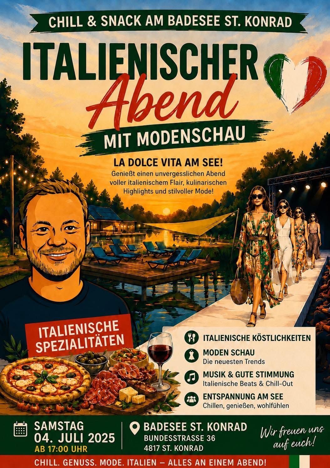 Poster für italienischen Abend mit Modenschau. Zeigt einen Mann, Models, italienisches Essen, Wein und Musik. Die Veranstaltung verspricht einen unvergesslichen italienischen Abend mit Essen, Mode und Musik.