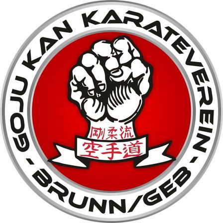 Ein rundes Emblem mit einer geballten Faust in der Mitte, umgeben von dem Text 'Judokan Karateverein' in Schwarz. Der Hintergrund ist rot und unten an der Faust befindet sich ein weißes Band mit rotem Text.