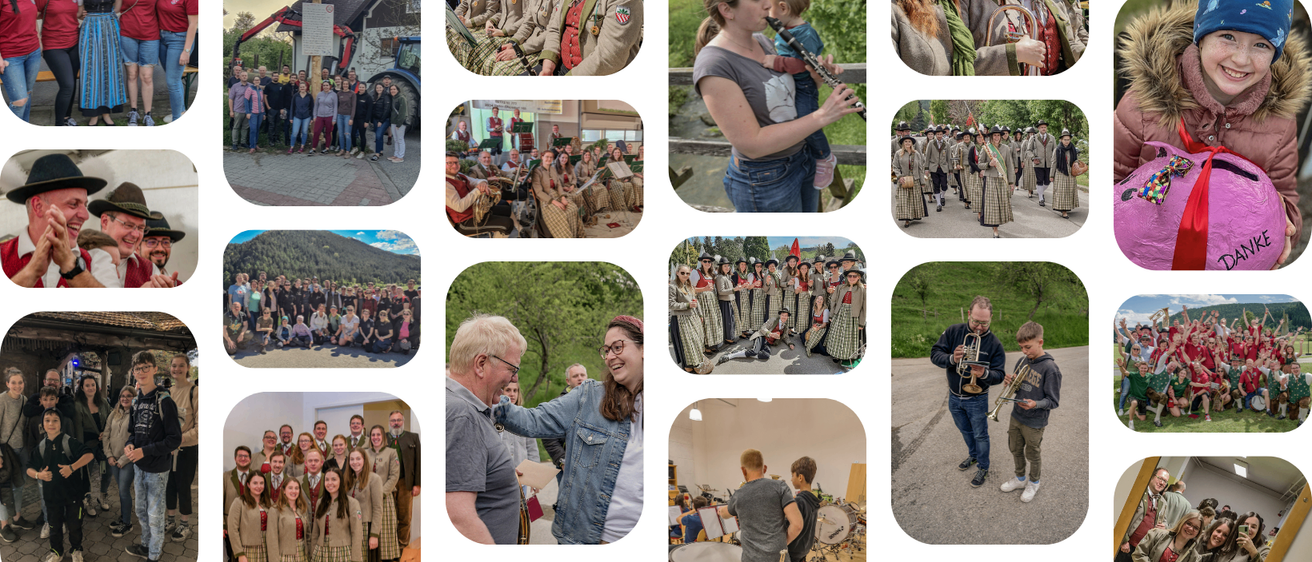 Eine Collage von Bildern, die eine große Gruppe von Menschen in traditionellen Kostümen, eine Frau beim Flötenspiel, eine Gruppe von Musikern beim Spielen von Instrumenten und einen Mann beim Trompetenspiel zeigt.