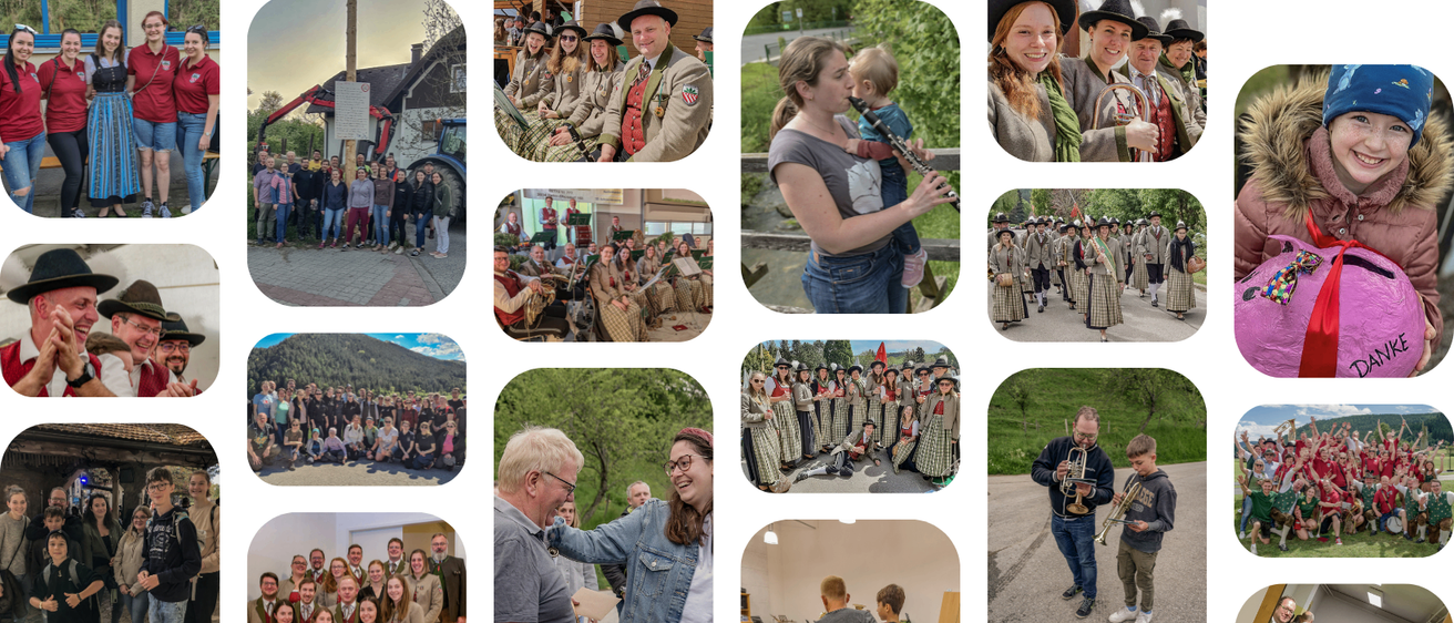 Eine Collage von Bildern, die eine große Gruppe von Menschen in traditionellen Kostümen, eine Frau beim Flötenspiel, eine Gruppe von Musikern beim Spielen von Instrumenten und einen Mann beim Trompetenspiel zeigt.