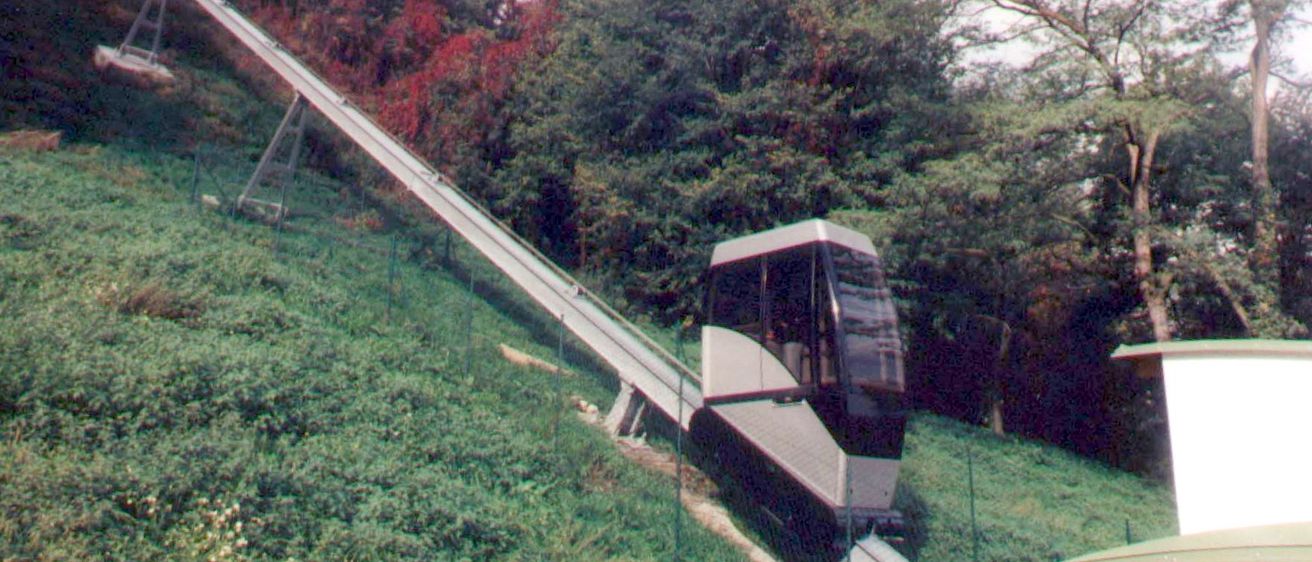 Bild enthält, Slope, Bus Stop, Outdoors, Grass, Plant, Vegetation, Train, Vehicle, Car, Nature