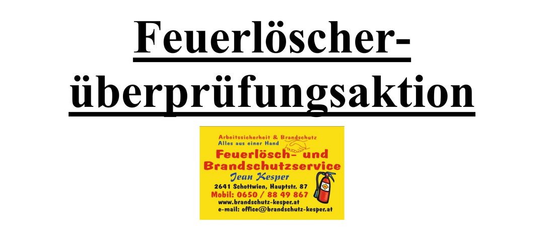 Plakat, das eine Überprüfung von Feuerlöschern bei der Feuerwehr Reichenau am 3. Mai 2025 von 8:00 bis 12:00 Uhr ankündigt. Es fordert den Mitbring von Feuerlöschern mit dem Namen oder der Telefonnummer des Eigentümers und erwähnt die Möglichkeit, neue zu erwerben.