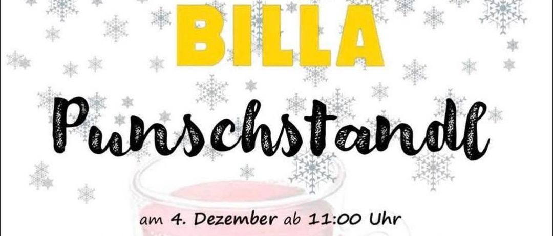 Der Flyer kündigt einen Punschstand-Event bei BILLA Reichenau am 4. Dezember ab 11:00 Uhr an. Ab 17:00 Uhr erwarten wir besonderen Besuch von der Perchtgruppe Sauriass-Pass und vom Nikolaus. Für die kleinen Gäste gibt es Nikolaus- und Krampussäckerl, solange der Vorrat reicht. Der gesamte Reinerlös wird an die Freiwillige Feuerwehr Reichenau gespendet.