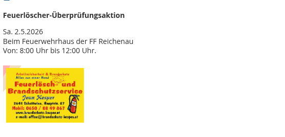 Ein Flyer für die Feuerlöscher-Überprüfungsaktion von Jean Kesper am 2. Mai 2026 von 8:00 Uhr bis 12:00 Uhr bei der FF Reichenau-Feuerwehr.