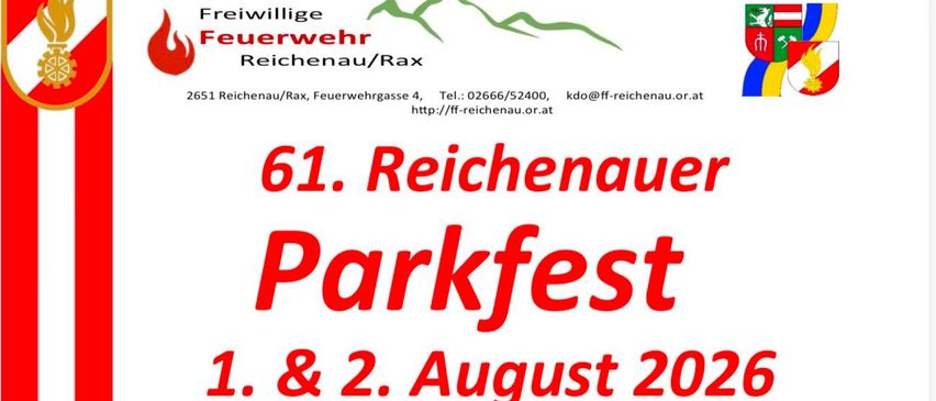 Plakat für das 61. Reichenauer Parkfest am 1. und 2. August 2026 mit Aktivitäten, Musik und Verpflegung. Höhepunkte sind die Eröffnung durch Johann Döller, Abendfeuerwerk, Gottesdienst und Verpflegung.