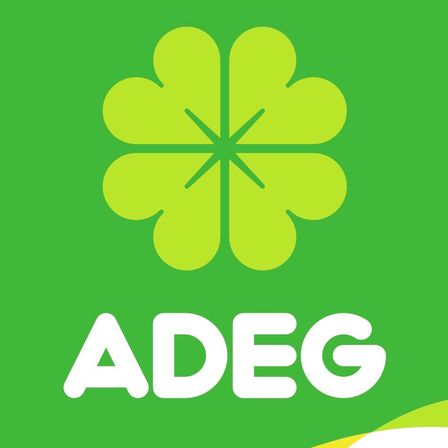 Gruner Hintergrund mit einem weissen vierblattigen Kleeblattsymbol und weisser Schrift darunter, die 'ADEG' steht.