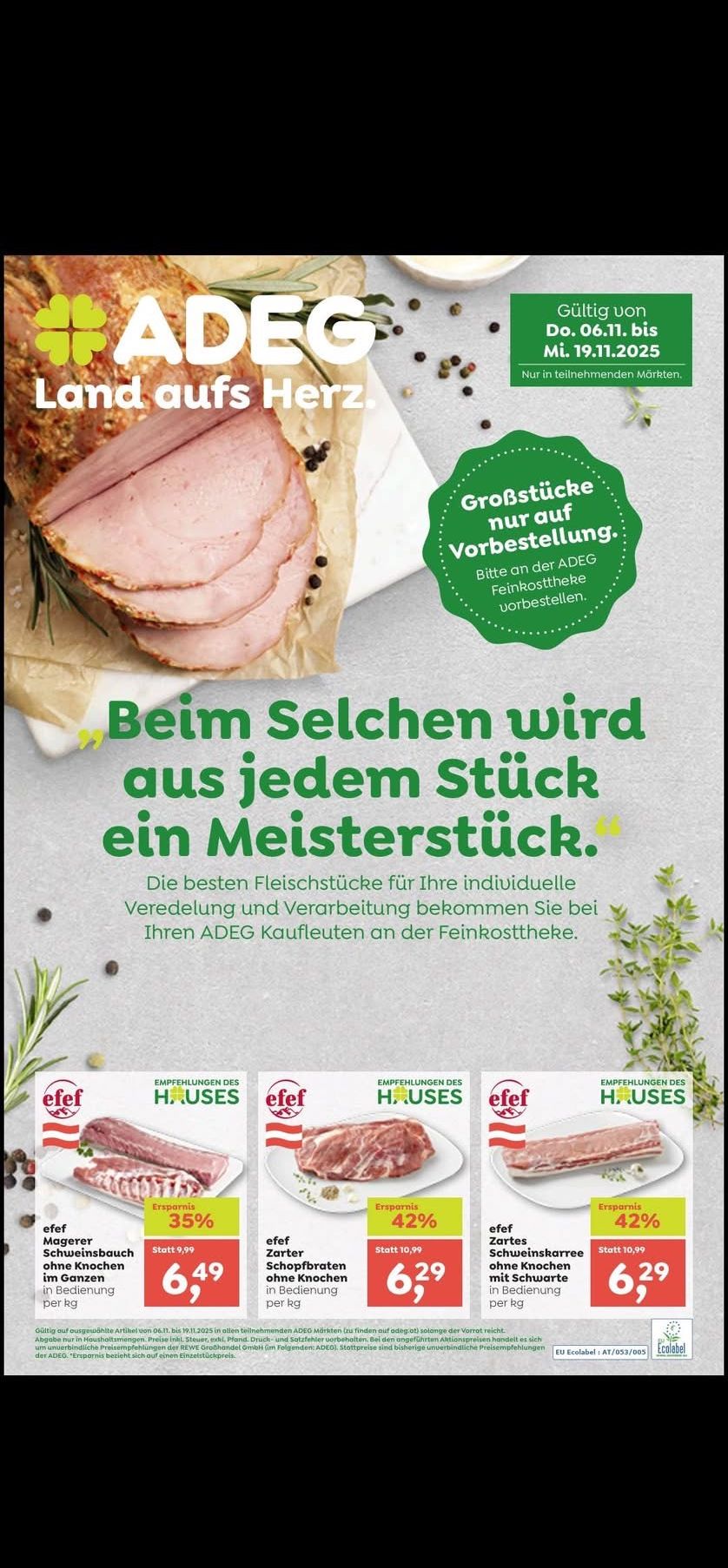 An advertisement for efef showcasing slices of meat on a marble surface with herbs, emphasizing quality and individual cuts. The caption highlights the best meat cuts for individual preparation and processing at ADE G Feinkosttheke.