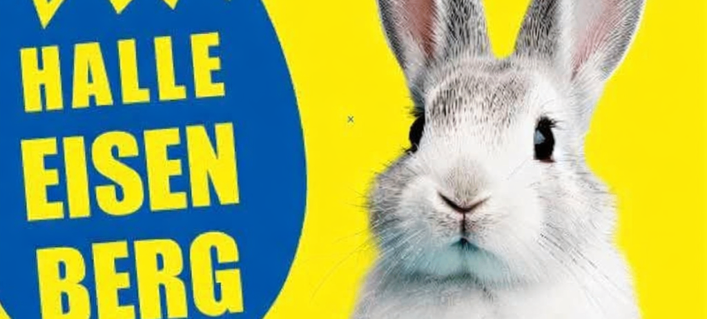 Ein Poster zeigt ein Kaninchen und den Text 'Halle Eisen Berg' mit dem Datum '5. April 2026'. Das Poster ist gelb und blau. Das Kaninchen schaut nach links. Oben links befindet sich ein Logo. Die Zeit 'Beginn: 21:00 Uhr' steht links unten.