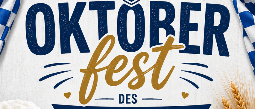 Plakat für das Oktoberfest Fest von SV Deutsch Schützen mit Bierkrug, Brezel und Fußball. Datum: 26.9.2026.