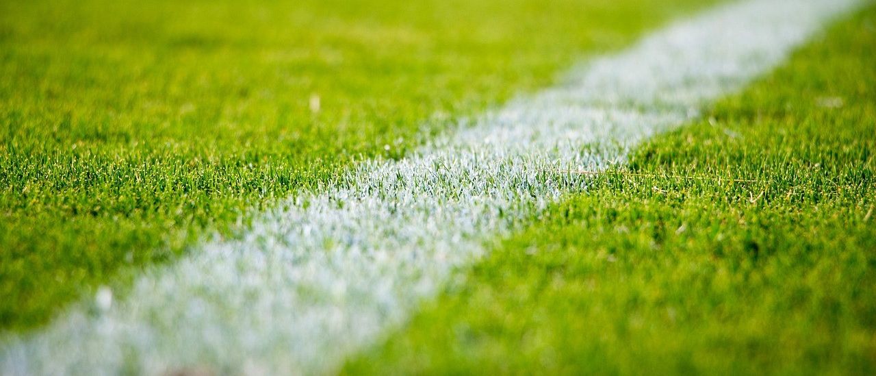 Ein Nahaufnahme eines Fußballfeldes zeigt eine weiße Kreidelinie, die diagonal über den grünen Rasen verläuft. Der Rasen ist üppig und gut gepflegt.