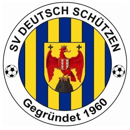 Logo des SV Deutsch Schützen, gegründet 1960, zeigt einen Schild mit einem roten Adler, Kreuz und einem Berg, vor blau-gelben Streifen, mit Fußballbällen an den Seiten.