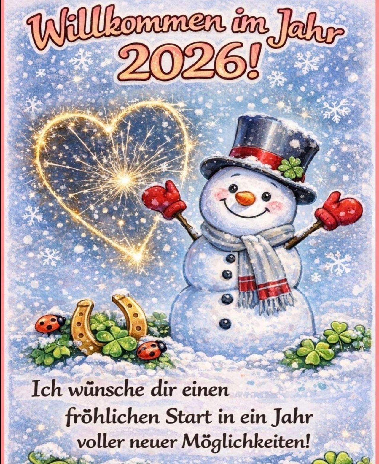 Ein Bild zeigt einen lächelnden Schneemann, der einen Feuerwerkskörper in Herzform hält. Der Schneemann ist von Marienkäfern und Kleeblättern umgeben. Es steht 'Ich wunsche dir einen frohlichen Start in ein Jahr 2026!'