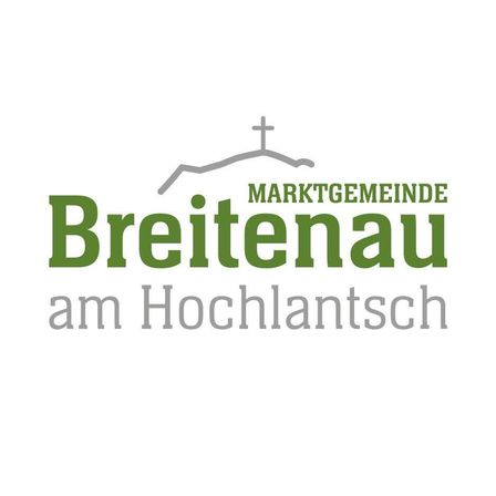 Logo von Breitenau am Hochlantsch mit einem Kirchturm und einem Kreuz auf einem grünen Hügel oben.