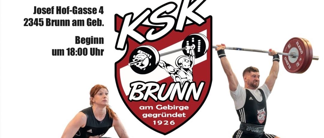 Plakat für den deutschen Bundesliga Gewichtheben Wettbewerb. Ort: Josef Hof-Gasse 4, 2345 Brunn am Gebirge. Beginn um 18:00 Uhr. Zwei Gewichtheber sind zu sehen, ein Mann und eine Frau, die Hanteln heben.
