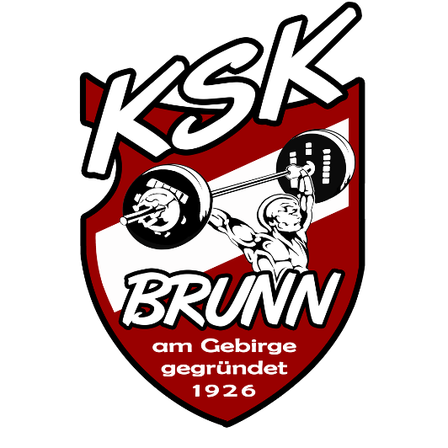 Das KSK Brunn Logo zeigt eine Person, die eine Hantel hebt, in einem roten Schild. Der Text lautet 'KSK Brunn am Gebirge' mit 'gegrundet 1926' am unteren Rand.