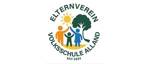 Logo for a parents' association, featuring a sun, a tree, and three children. The text reads 'Elternverein Volksschule Alland Seit 2024'.