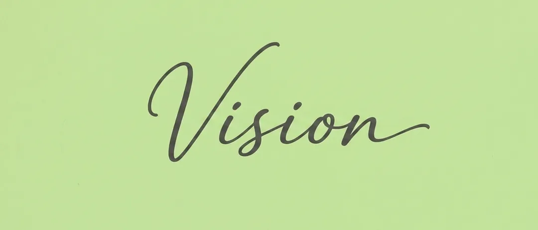 Das Wort 'Vision' ist in kursiver schwarzer Schrift auf einem grünen Hintergrund geschrieben. Die Buchstaben sind groß und über das Bild verteilt.