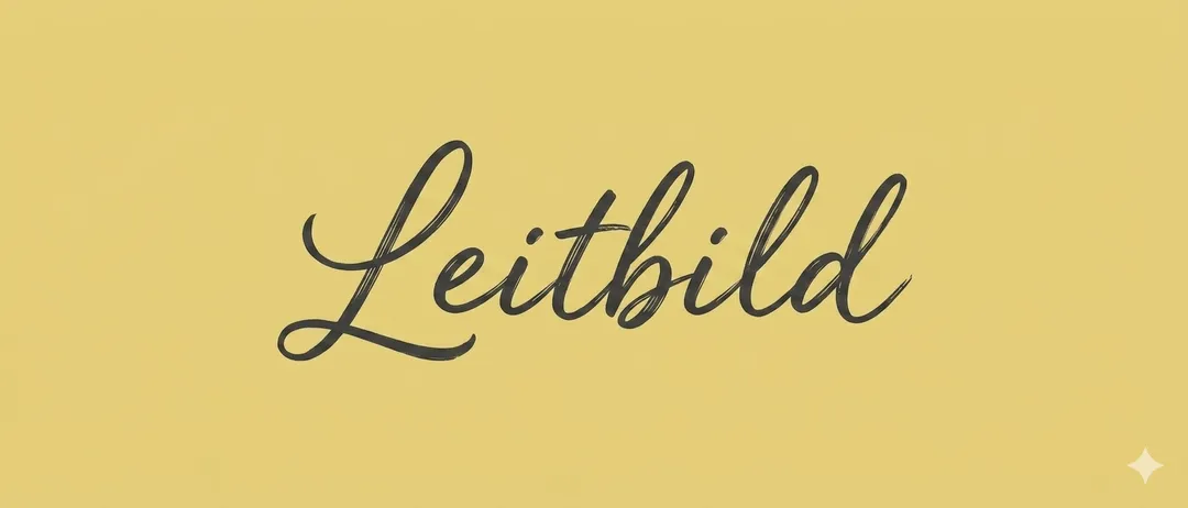 Ein gelber Hintergrund mit dem Wort Leitbild in kursiver schwarzer Schrift geschrieben.