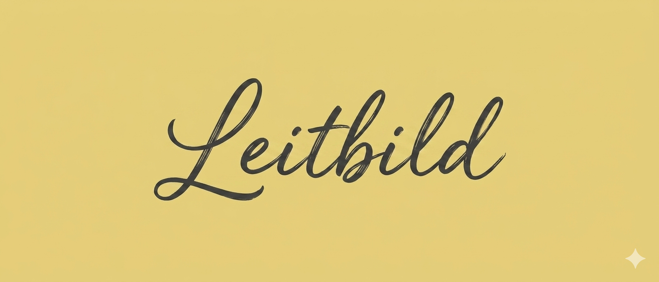 Ein gelber Hintergrund mit dem Wort Leitbild in kursiver schwarzer Schrift geschrieben.