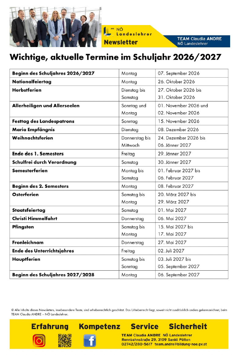 Eine Tabelle mit wichtigen Terminen für die Schuljahre 2026/2027 und 2027/2028, einschließlich Feiertage, Semesterferien und Feiertage.