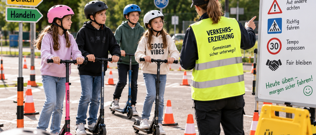 Eine Gruppe von Kindern fährt auf einer Straße mit Rollern, angeleitet von einer Frau in einer reflektierenden Weste. Die Kinder tragen Helme und Turnschuhe. Die Straße ist mit weißen Linien markiert und von orangefarbenen Verkehrskegeln umgeben. Ein Banner im Hintergrund lautet 'SCOOTER-WORKSHOP'.