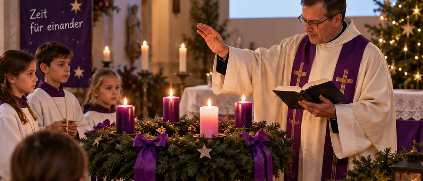 Ein Priester liest aus einem Buch während eines Adventsgottesdienstes, umgeben von brennenden Kerzen und einem Kranz, mit Kindern und einer Projektionsleinwand im Hintergrund.