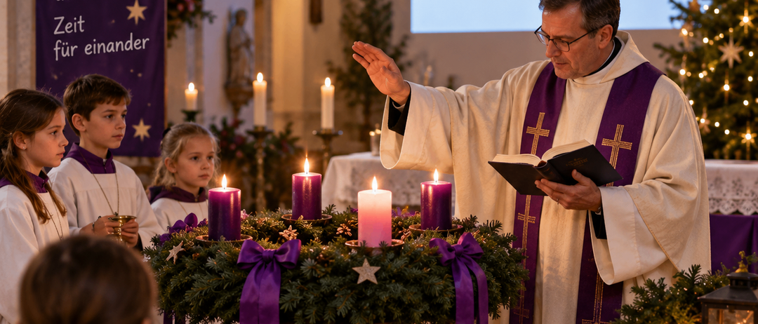 Ein Priester liest aus einem Buch während eines Adventsgottesdienstes, umgeben von brennenden Kerzen und einem Kranz, mit Kindern und einer Projektionsleinwand im Hintergrund.