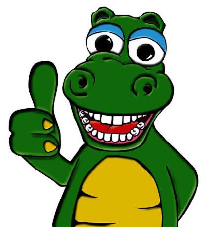 Ein karikaturistischer Krokodil mit erhobenem Daumen, grünem Körper, gelbem Bauch und blauen Augenklappen.